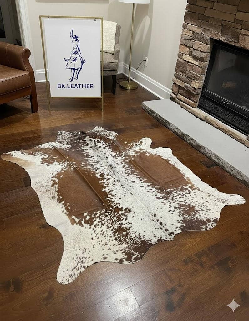 Tricolour Real Cowhide Rug: Cow Fur Area Rug: Brown & White / XXL (30-34 Sq.ft)